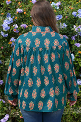 Green Plus Size Floral Print Contrast Lacy Trim Pleated Loose Shirt