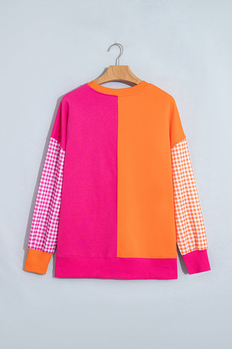 Rose Red Colorblock Gingham Sleeve Crewneck Sweatshirt