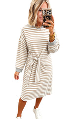 Khaki Stripe Striped Colorblock Cuffs Round Neck Long Sleeve Shift Dress
