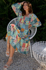 Sky Blue Mix Floral Checkered Pattern Bubble Sleeve Ruffle Hem Dress