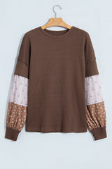 Coffee Floral Print Colorblock Long Sleeve Textured Loose Pullover Tunic Top