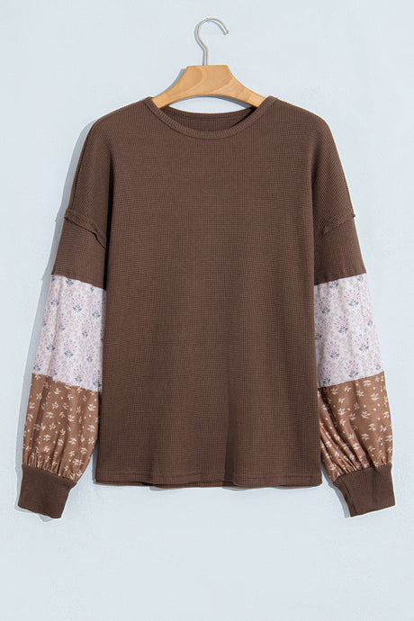 Coffee Floral Print Colorblock Long Sleeve Textured Loose Pullover Tunic Top