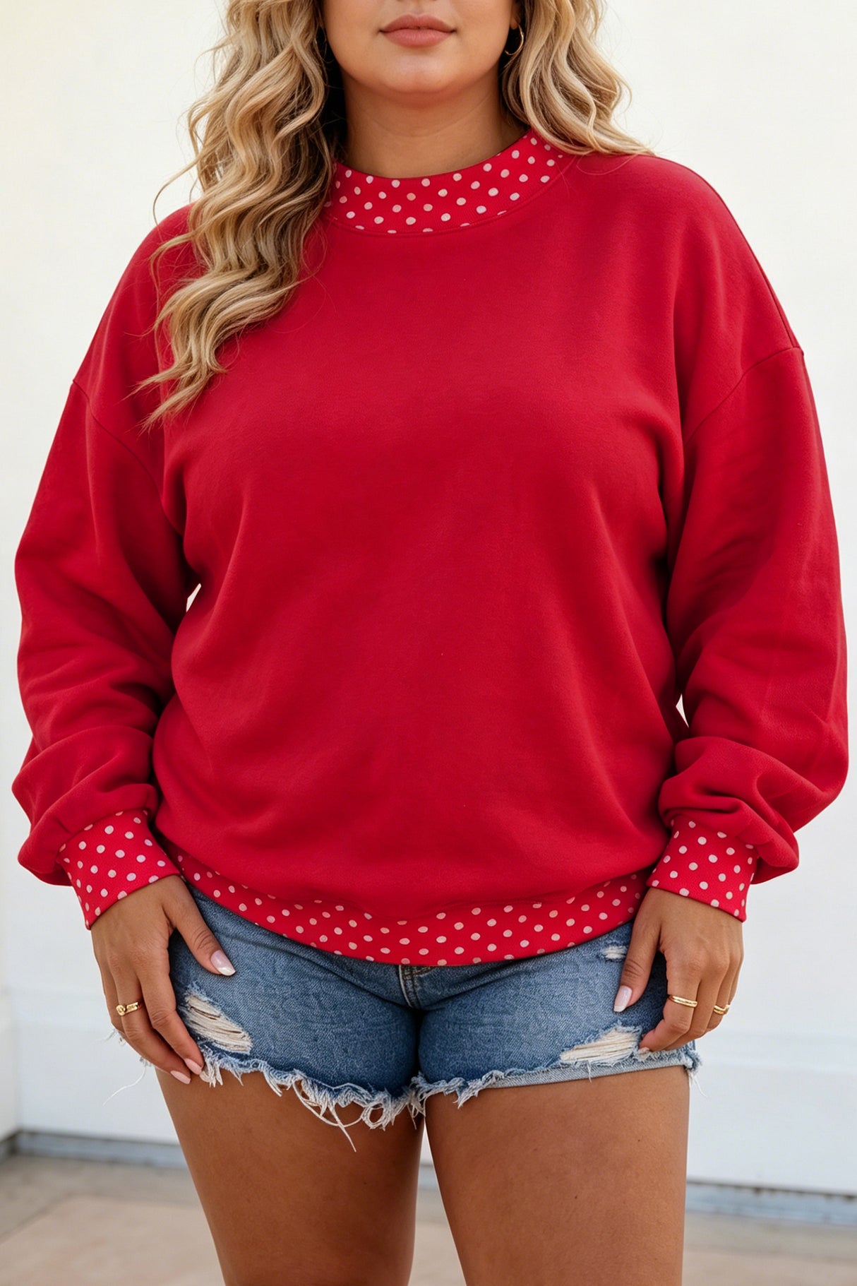 Dark Green Polka Dot Patchwork Round Neck Plus Size Sweatshirt