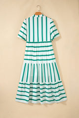 Green Stripe Ricrac Trim Notched Neck Half Sleeve Vacation Dress