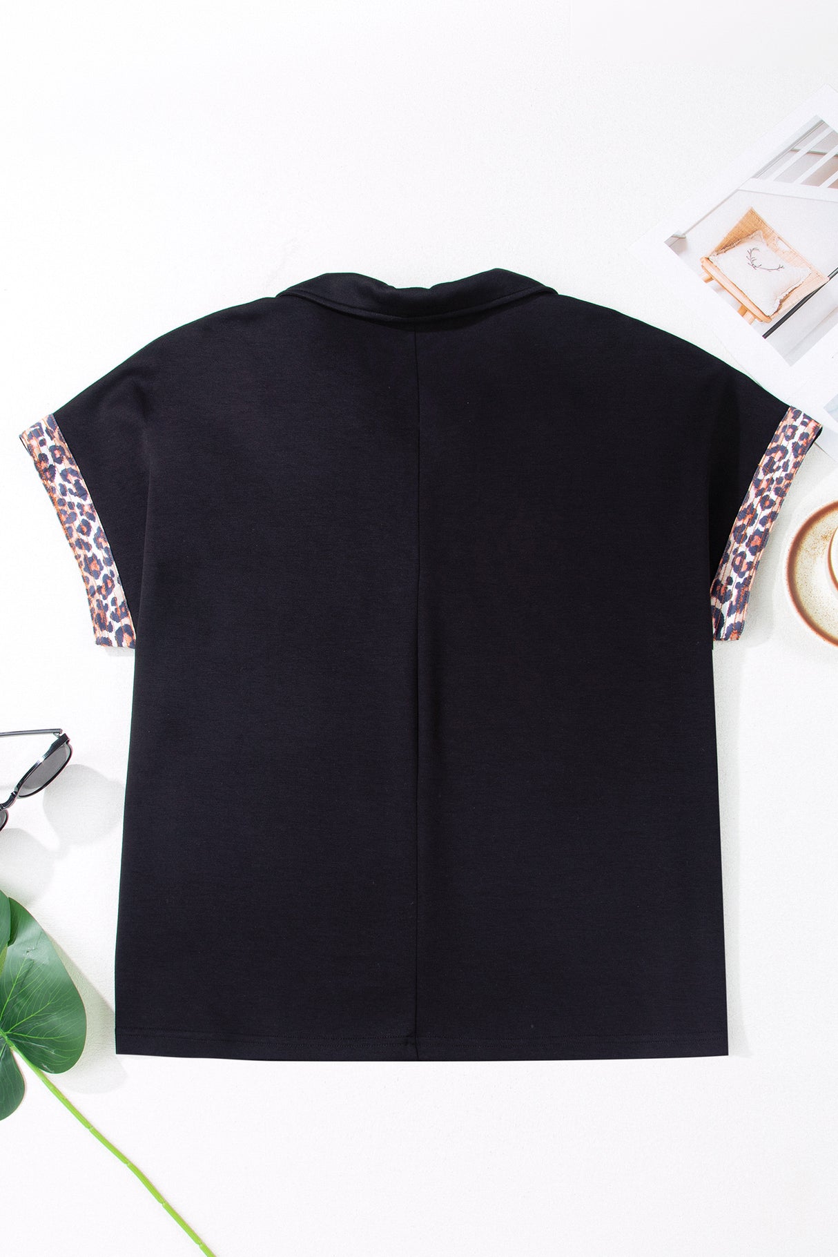 Black Plus Size Leopard Patchwork Half Zip Short Sleeve Top