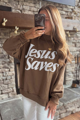 Mist Blue Jesus Saves Slogan Print Stand Neck Baggy Sweatshirt