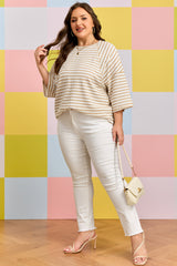 Pink Stripe Plus Size Textured Patchwork Detail Half Sleeve Top