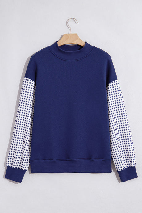 Dirty blue Plaid Sleeve Colorblock Loose Tunic Sweatshirt