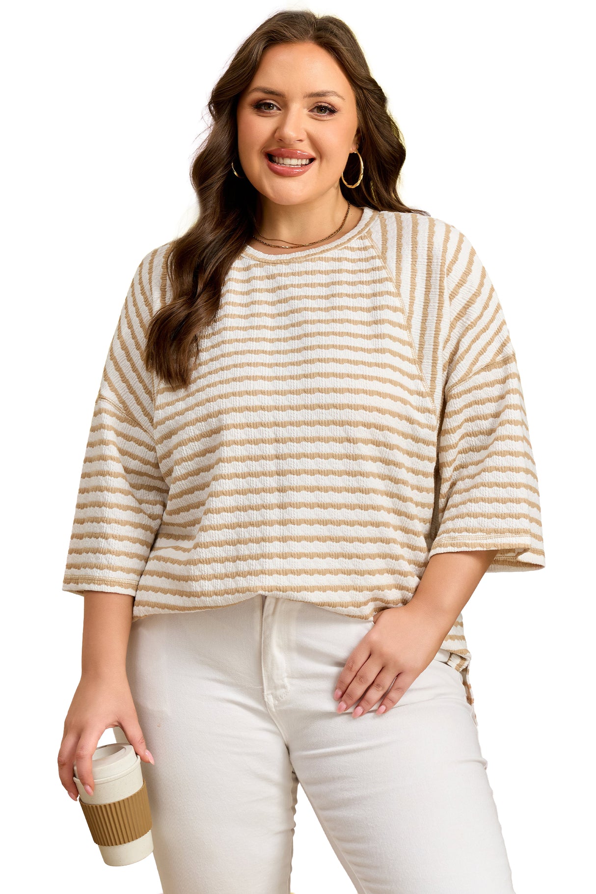 Pink Stripe Plus Size Textured Patchwork Detail Half Sleeve Top
