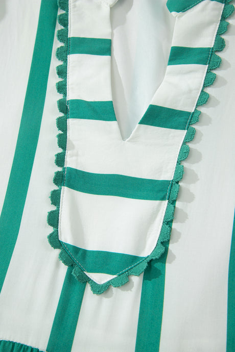Green Stripe Ricrac Trim Notched Neck Half Sleeve Vacation Dress