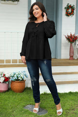 Black Solid Color Bow Tie Front Long Sleeve Plus Size Peplum Blouse