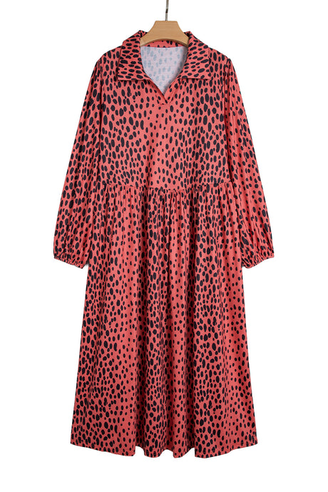 Red Leopard Print Long Sleeve V Neck Plus Size Midi Dress