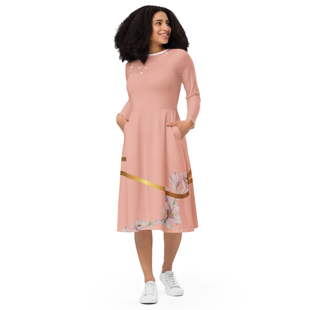 Peachy Frill Midi Long Sleeve Dress 
