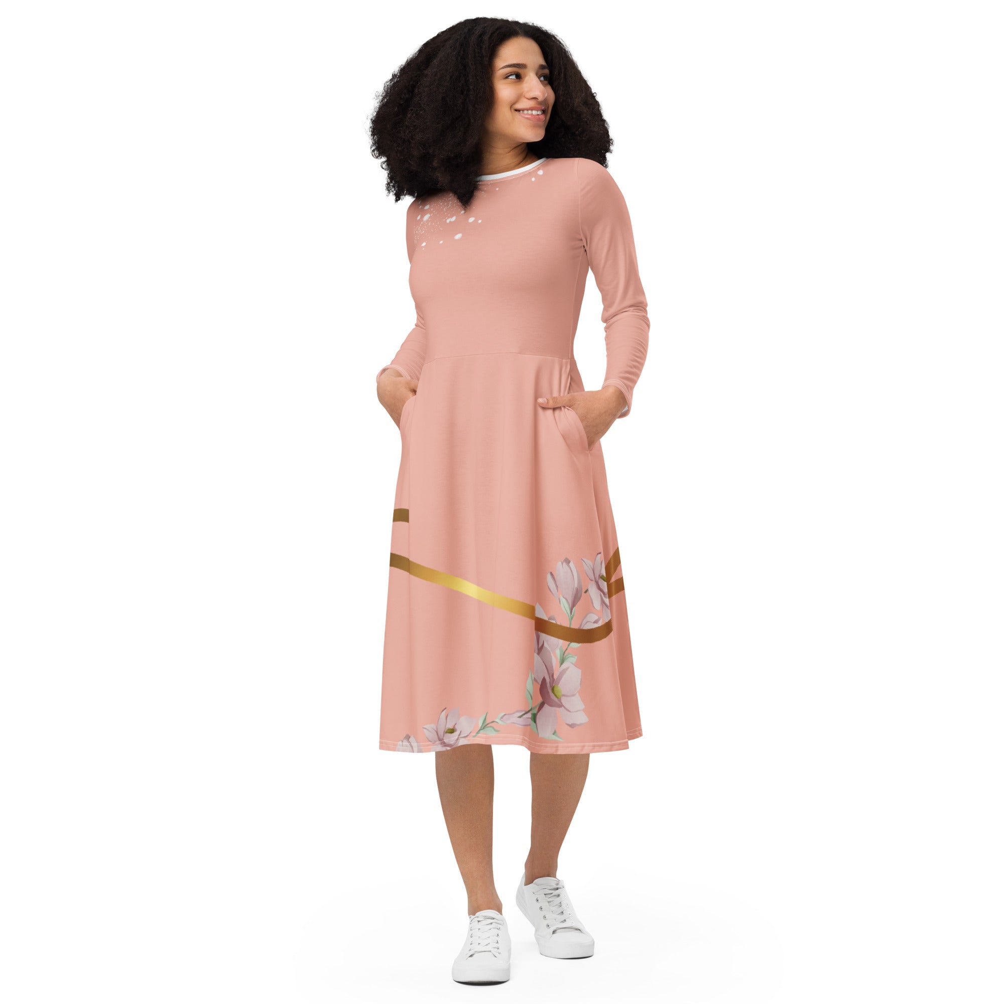 Peachy Frill Midi Long Sleeve Dress 