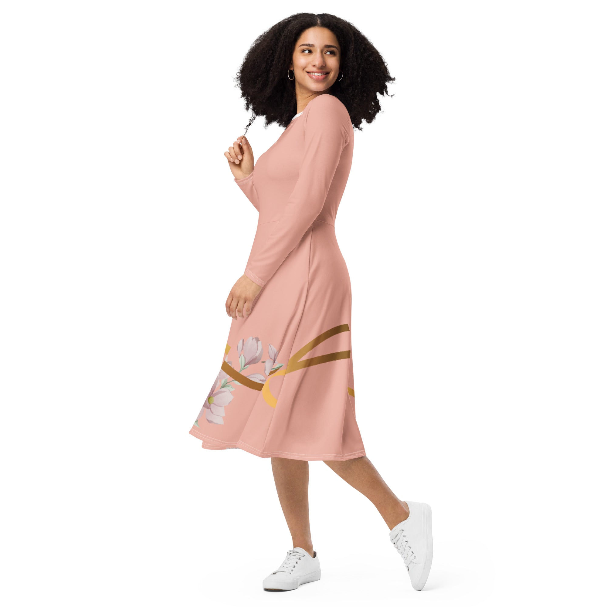 Peachy Frill Midi Long Sleeve Dress 