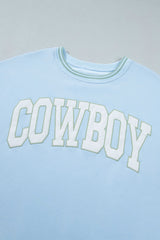 Beau Blue Embroidered Cowboy Letter Print Long Sleeve Round Neck Sweatshirt