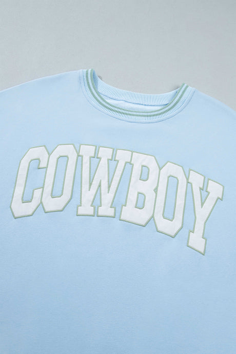 Beau Blue Embroidered Cowboy Letter Print Long Sleeve Round Neck Sweatshirt