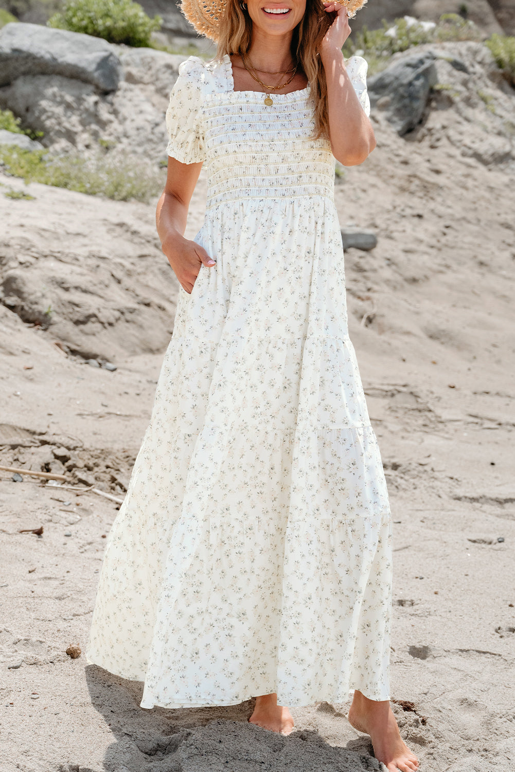 White Frilly Shirred Bodice Tiered Floral Maxi Dress – Blue Chico