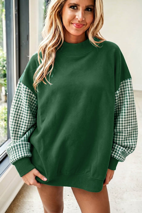 Dirty blue Plaid Sleeve Colorblock Loose Tunic Sweatshirt