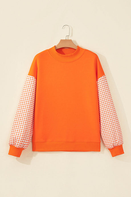 Dirty blue Plaid Sleeve Colorblock Loose Tunic Sweatshirt