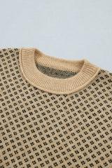 Khaki Geometric Print Drop Shoulder Round Neck Long Sleeve Sweater