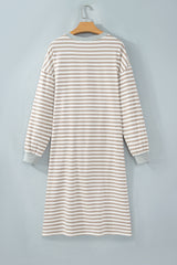 Khaki Stripe Striped Colorblock Cuffs Round Neck Long Sleeve Shift Dress