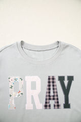 Gray Floral Buffalo Plaid Striped Embroidered Patch Western Pullover Sweatshirt
