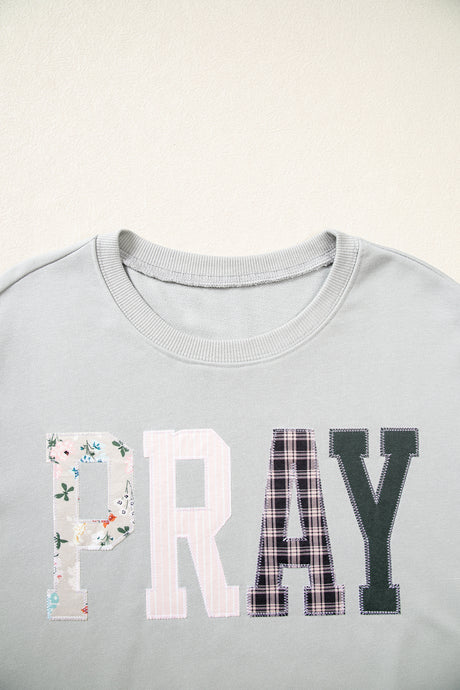 Gray Floral Buffalo Plaid Striped Embroidered Patch Western Pullover Sweatshirt