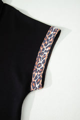 Black Plus Size Leopard Patchwork Half Zip Short Sleeve Top