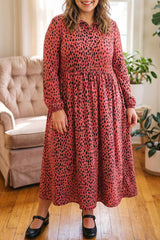 Red Leopard Print Long Sleeve V Neck Plus Size Midi Dress