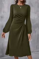 Jungle Green Solid Color Ruched Detail Long Sleeve Midi Dress