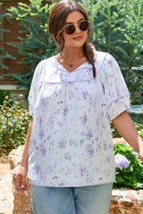 Purple Floral Trimmed Detail Split Neck Plus Size Top