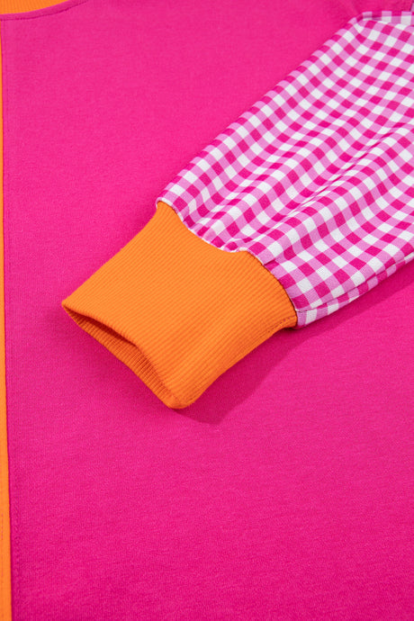 Rose Red Colorblock Gingham Sleeve Crewneck Sweatshirt