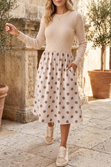 Beige Polka Dot Midi Long Sleeve Dress