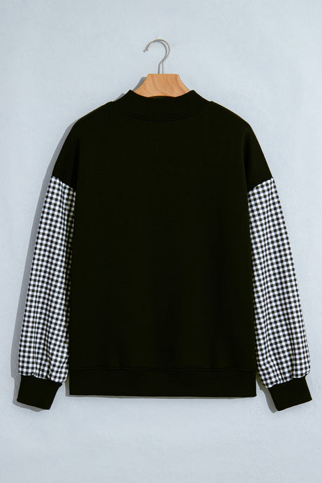 Dirty blue Plaid Sleeve Colorblock Loose Tunic Sweatshirt