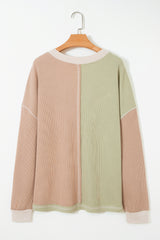 Green Plus Mixed Texture Color Block Patchwork V Neck Long Sleeve Top