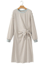 Khaki Stripe Striped Colorblock Cuffs Round Neck Long Sleeve Shift Dress