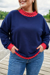 Dark Green Polka Dot Patchwork Round Neck Plus Size Sweatshirt