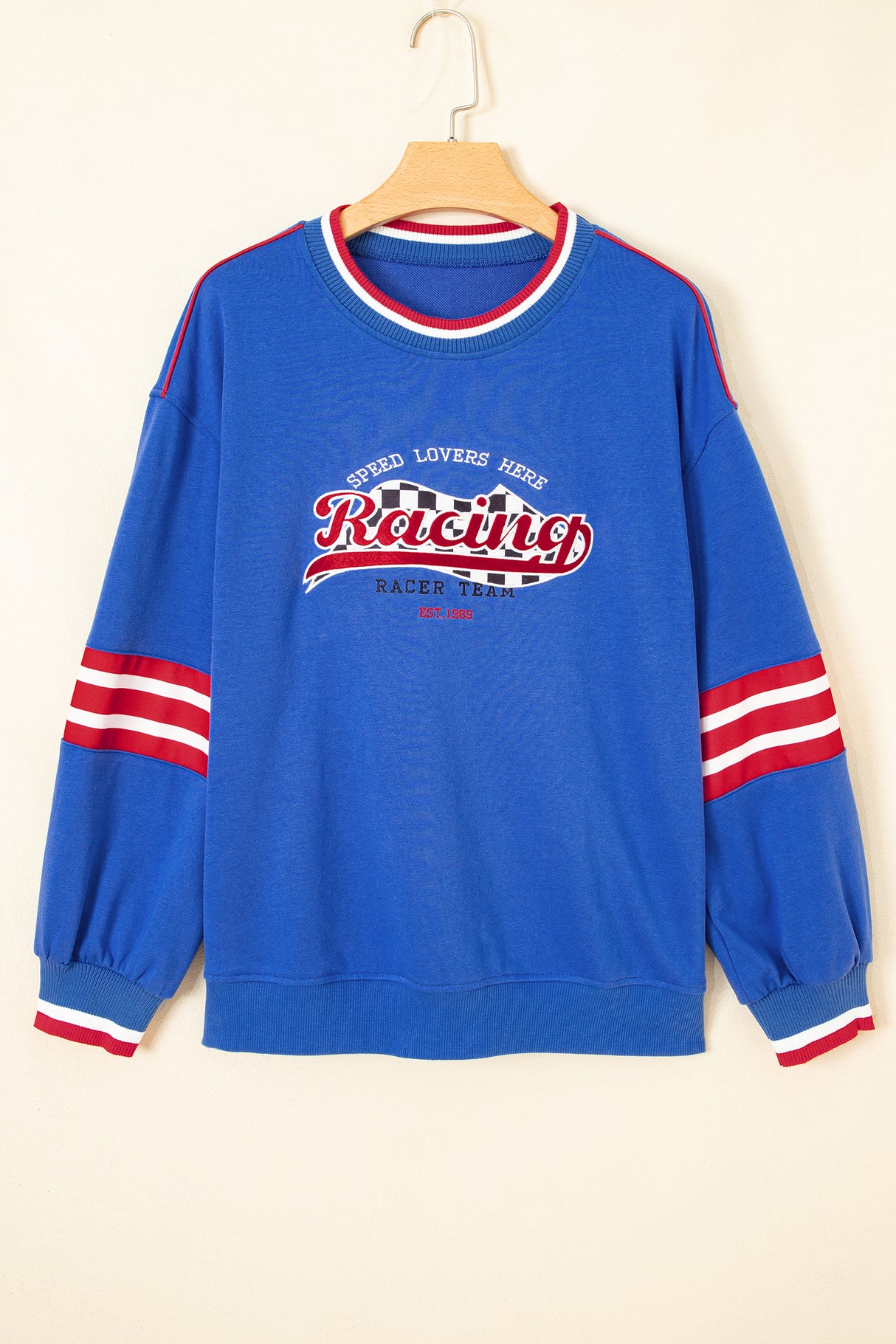 Sky Blue Abstract Racing Graphic Embroidered Patchwork Long Sleeve Sweatshirt
