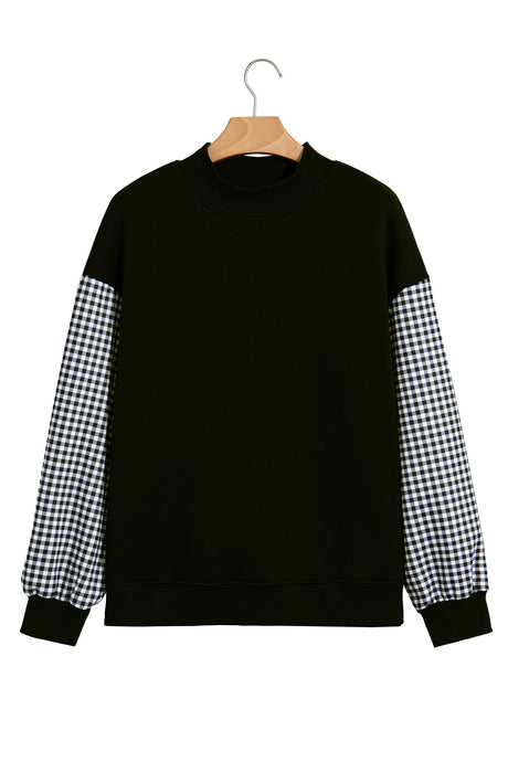 Dirty blue Plaid Sleeve Colorblock Loose Tunic Sweatshirt