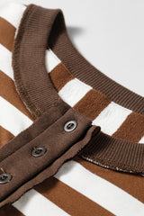 Brown Stripe Exposed Seam Color Block Patchwork Button Placket Sweatshirt