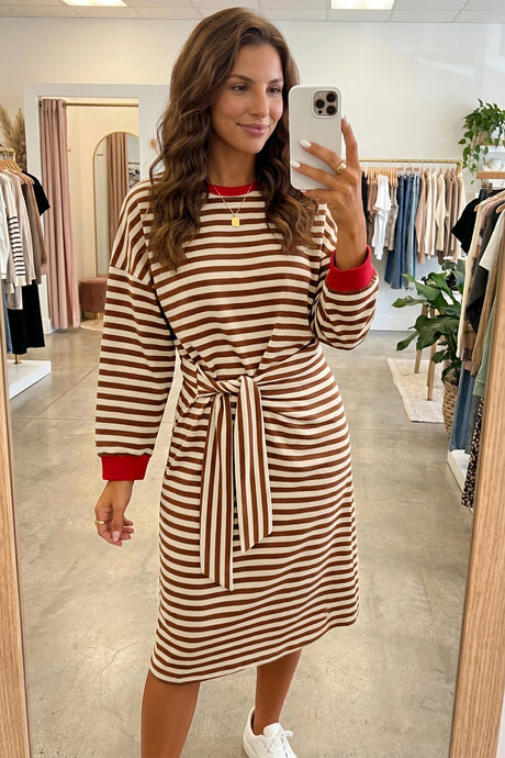 Khaki Stripe Striped Colorblock Cuffs Round Neck Long Sleeve Shift Dress
