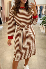Khaki Stripe Striped Colorblock Cuffs Round Neck Long Sleeve Shift Dress