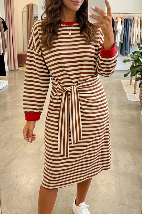 Khaki Stripe Striped Colorblock Cuffs Round Neck Long Sleeve Shift Dress