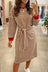 Khaki Stripe Striped Colorblock Cuffs Round Neck Long Sleeve Shift Dress