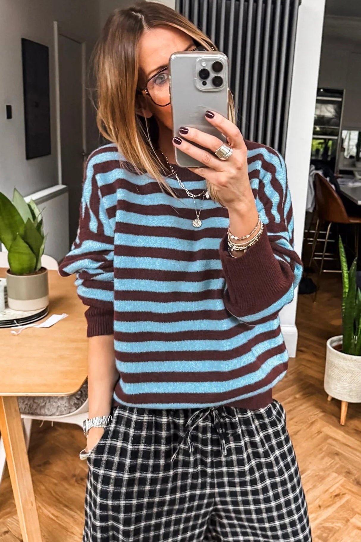 Brown Stripe Color Block Loose Crew Neck Cuffed Sweater