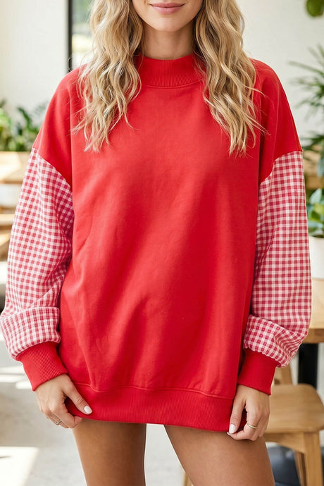 Dirty blue Plaid Sleeve Colorblock Loose Tunic Sweatshirt