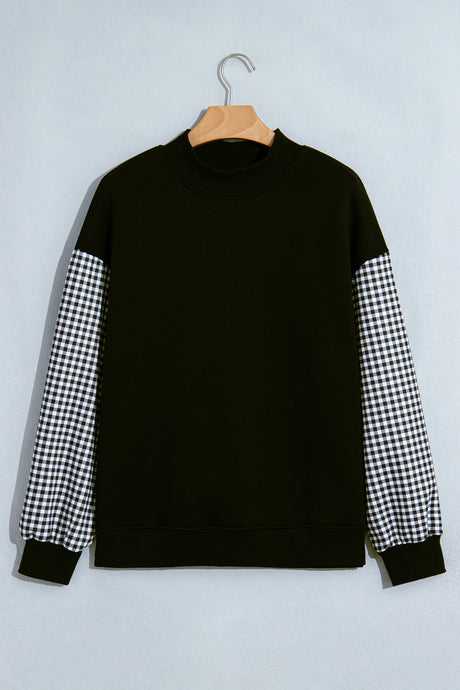 Dirty blue Plaid Sleeve Colorblock Loose Tunic Sweatshirt
