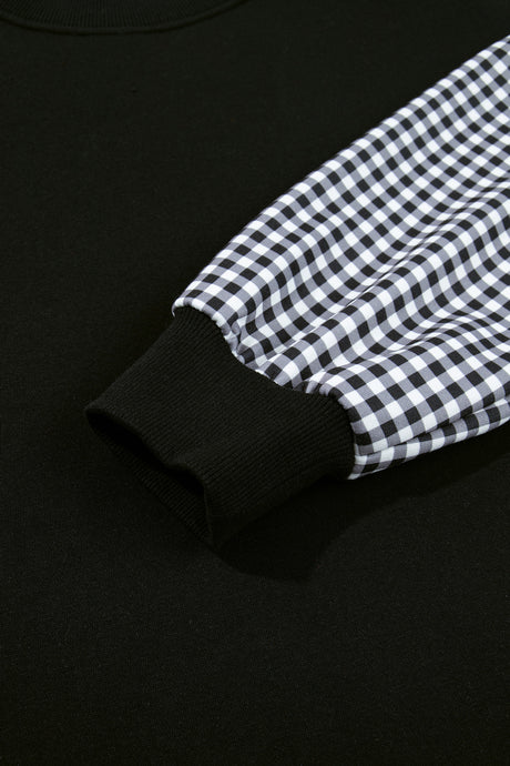 Dirty blue Plaid Sleeve Colorblock Loose Tunic Sweatshirt