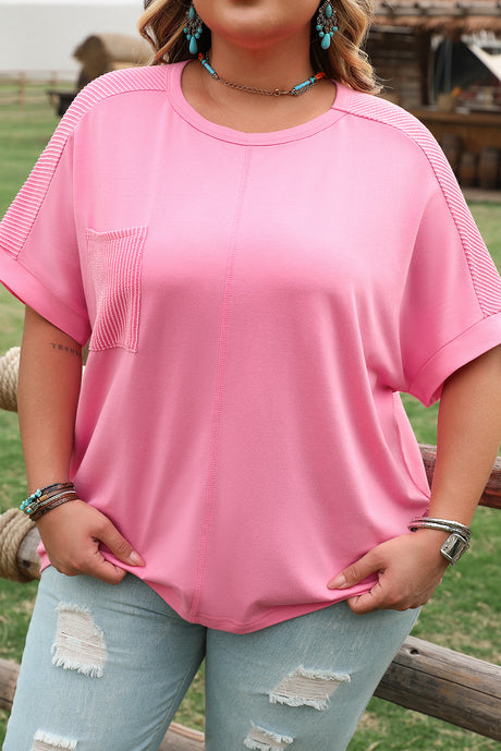 Bonbon Corded Patchwork Pocketed Plus Size T Shirt